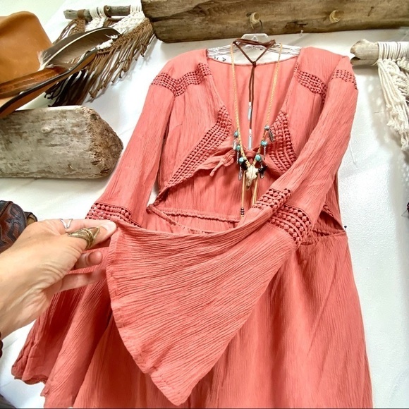 Pants - Sweet Boho Gypsy crochet romper in beautiful antique rose colour w bell sleeves